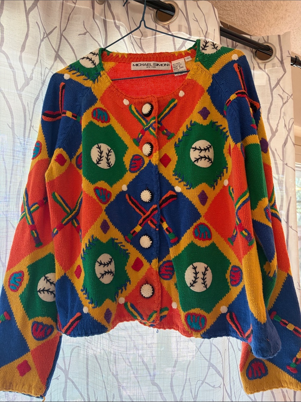1994 Michael Simon Multicolor Diamond Knit Cardigan -Orange, Blue, Green, Yellow
